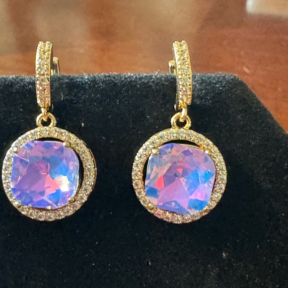 Glam Purple Milky Opalite, Round Cubic Zirconia Iridescent Gold tone Earrings - Picture 9 of 10